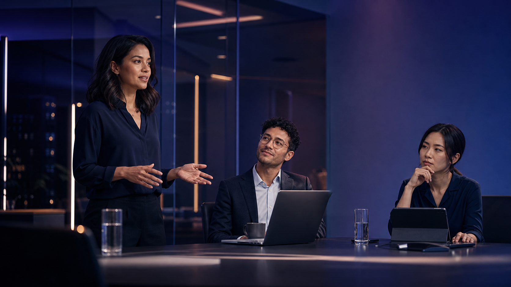 Three colleagues in a modern project meeting. Maya is presenting while Leo appears reassured and Aiko looks uncertain.